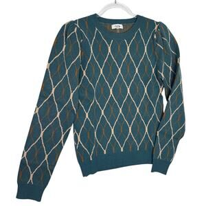 Fate Geometric Knit Sweater 2010s Teal Puff Sleeve Small